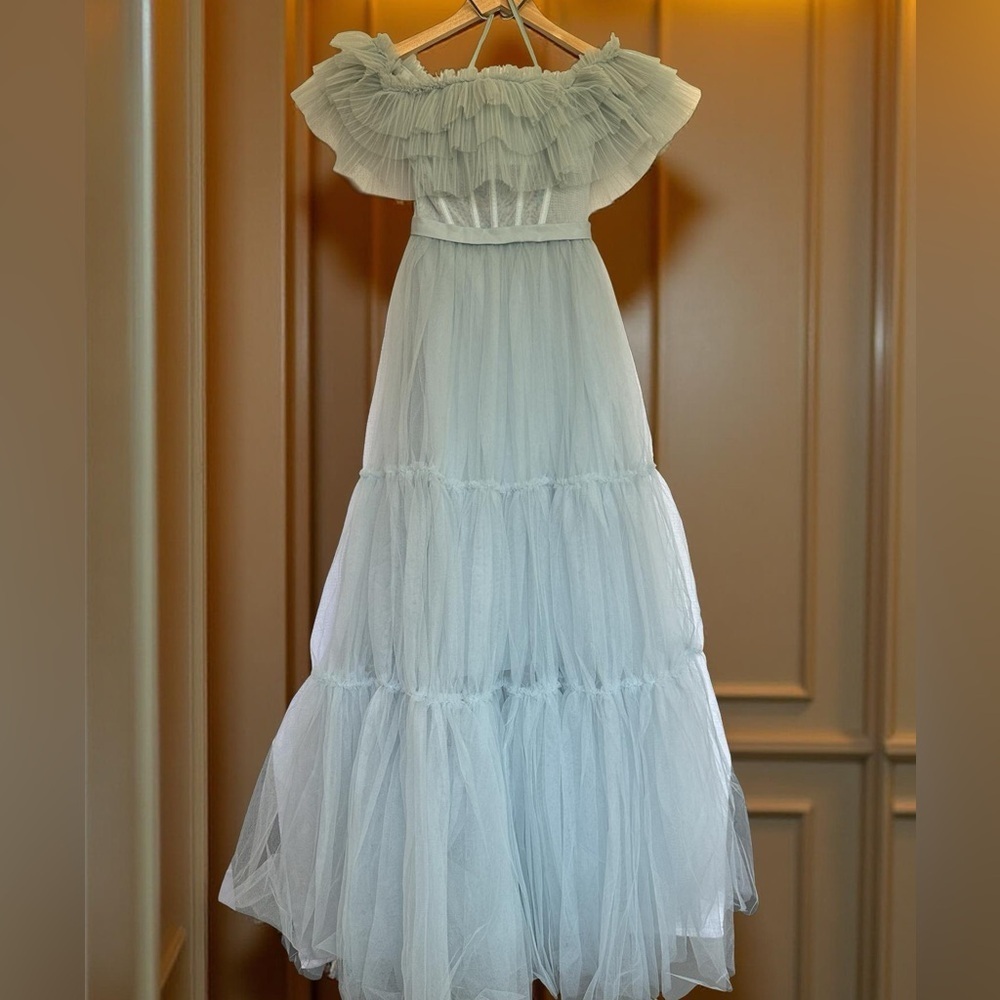 NWT BCBGMaxAzria Blue Ruffled Tiered Tool Gown - Picture 4 of 13